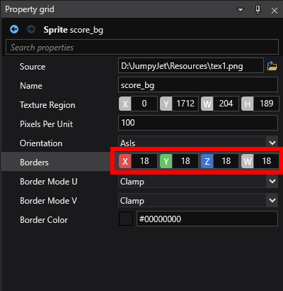 Adjust sprite borders from Property grid