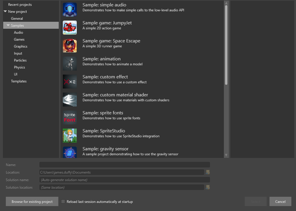 New Project window - samples
