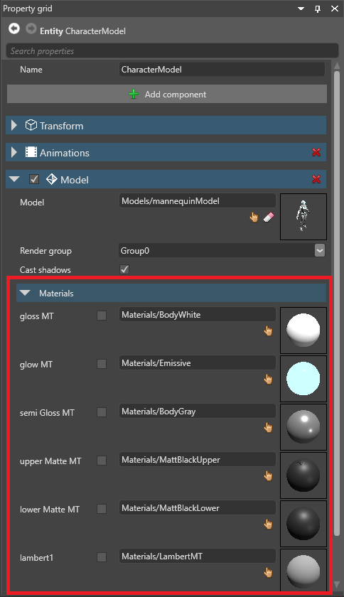 Model materials on entity