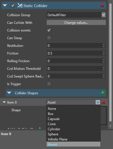 Select collider shape asset