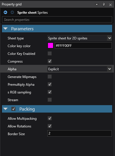 Sprite sheet properties
