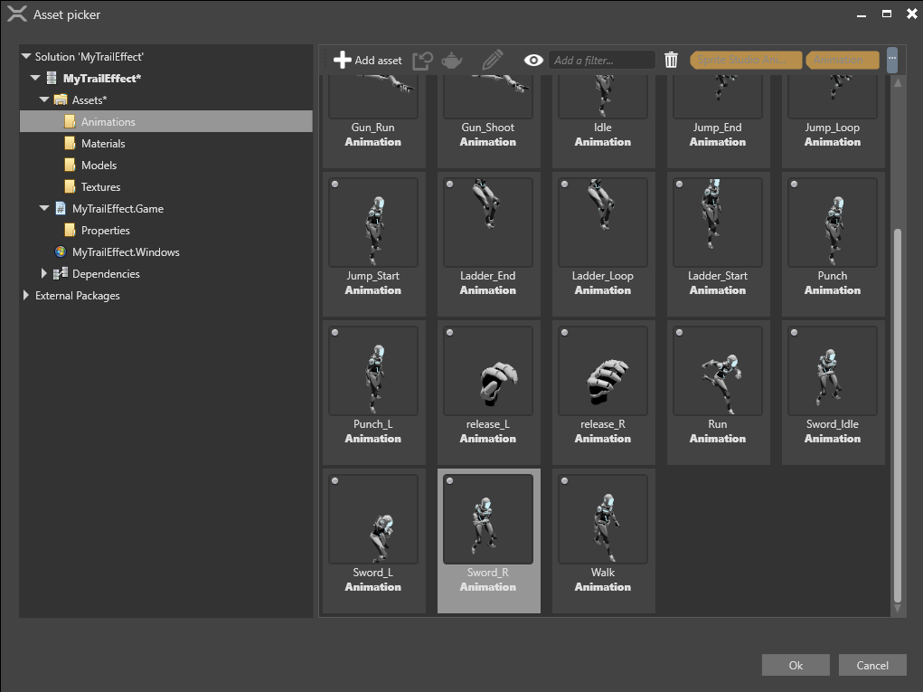 Select an animation asset in the Asset Picker