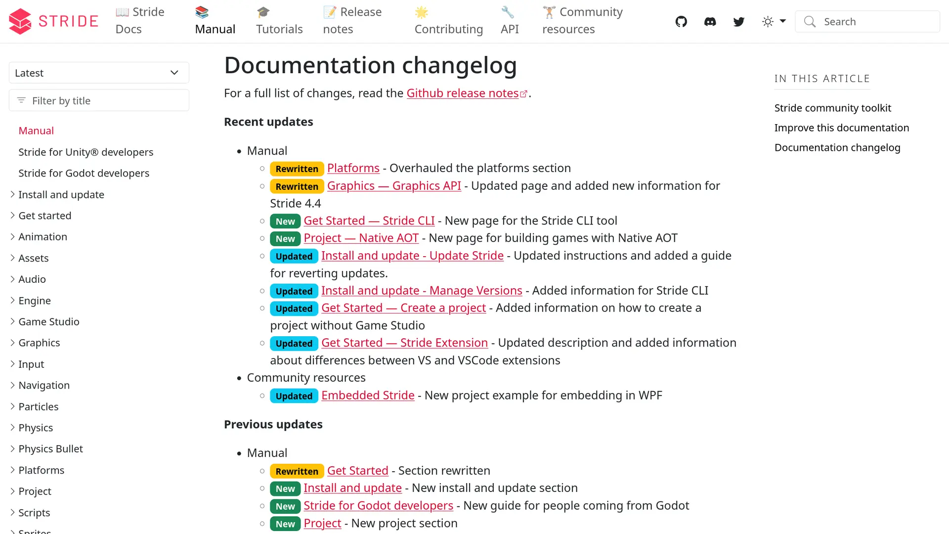 Documentation changelog is available in the manual.