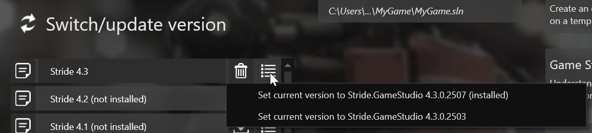 Picture of the dropdown menu showing different available patches for the engine.