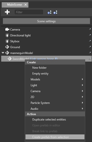 Create prefab from selection